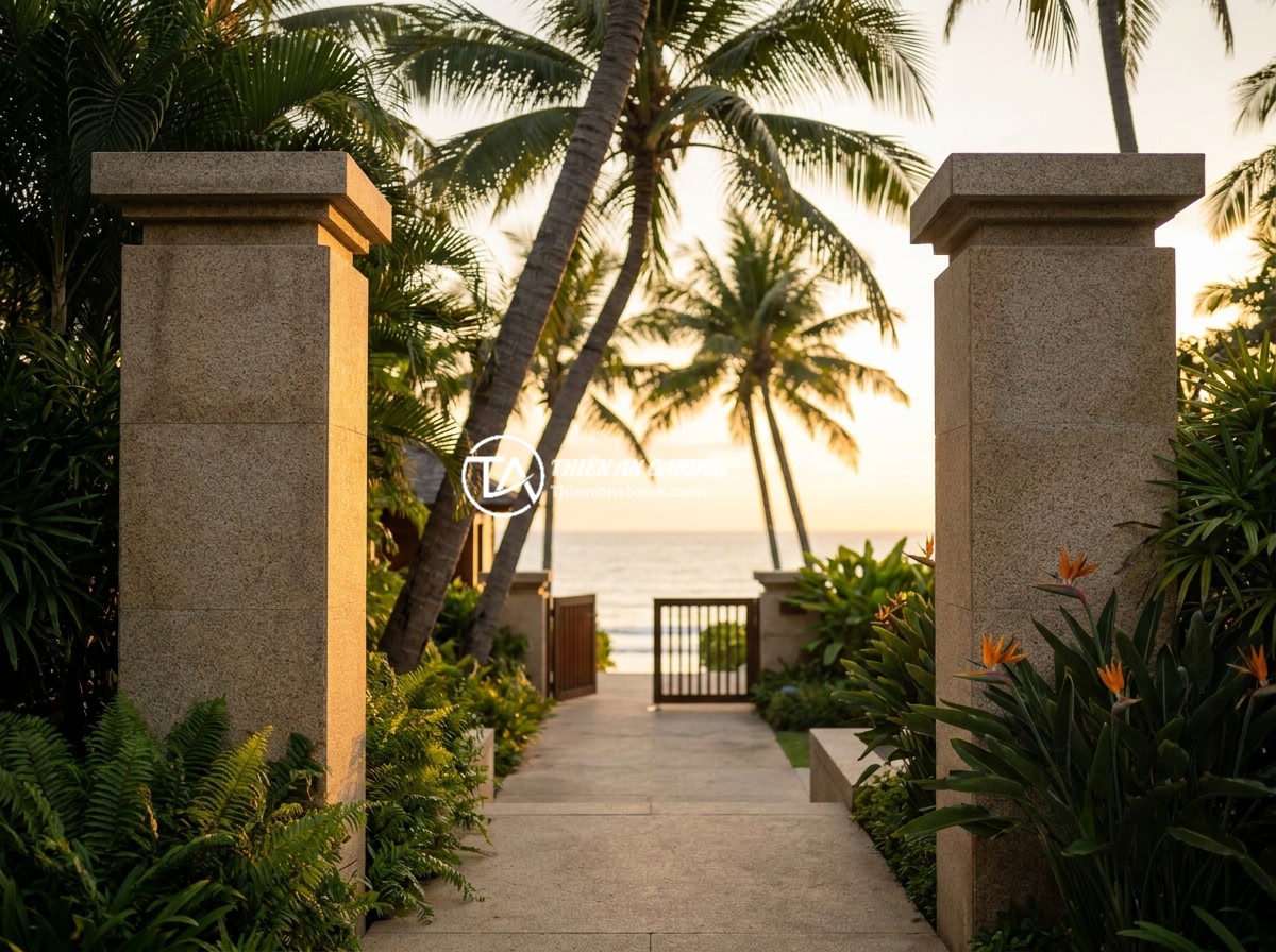 Trụ Đá Hàng Rào Cho Khu Nghỉ Dưỡng Và Sân Vườn Resort - Luxurious natural stone fence pillars at a tropical beachside resort entrance, s