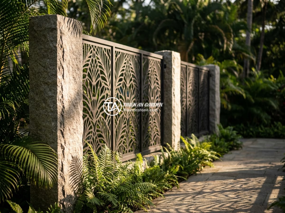 Trụ Đá Hàng Rào Cho Khu Nghỉ Dưỡng Và Sân Vườn Resort - Modern resort fence combining natural stone pillars with intricate laser-cut met