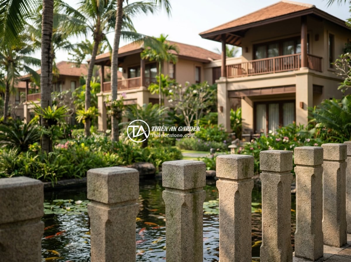 Trụ Đá Hàng Rào Cho Khu Nghỉ Dưỡng Và Sân Vườn Resort - Panoramic view of a completed luxury resort project with beautifully crafted nat