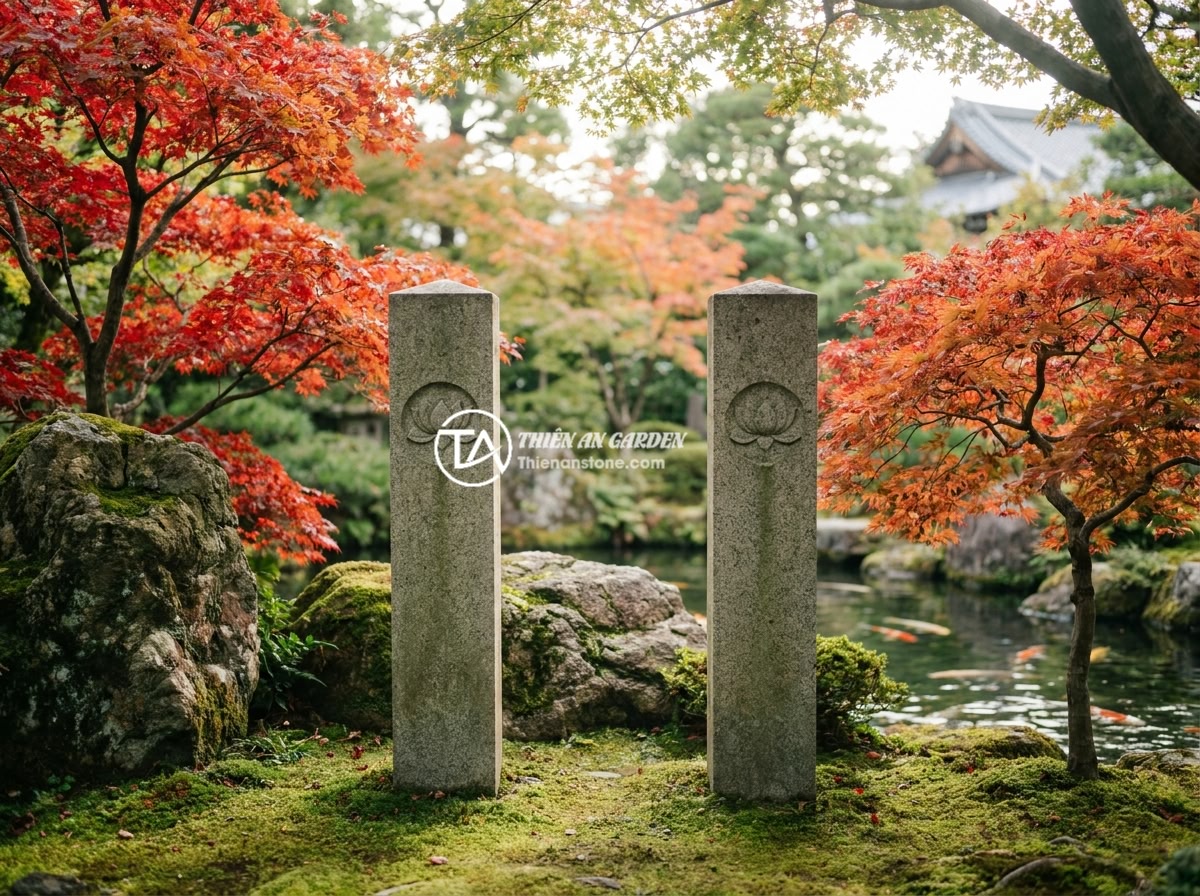 Trụ Đá Hàng Rào Cho Khu Nghỉ Dưỡng Và Sân Vườn Resort - Elegant round stone fence pillars with minimalist lotus carvings in a zen-style 