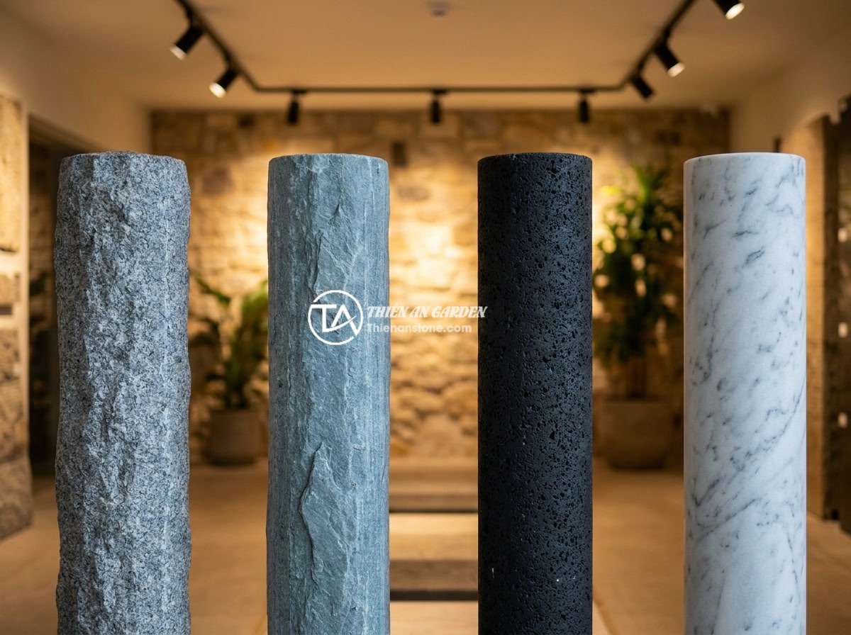 Trụ Đá Hàng Rào Cho Khu Nghỉ Dưỡng Và Sân Vườn Resort - Comparison display of four types of natural stone fence pillars side by side - g