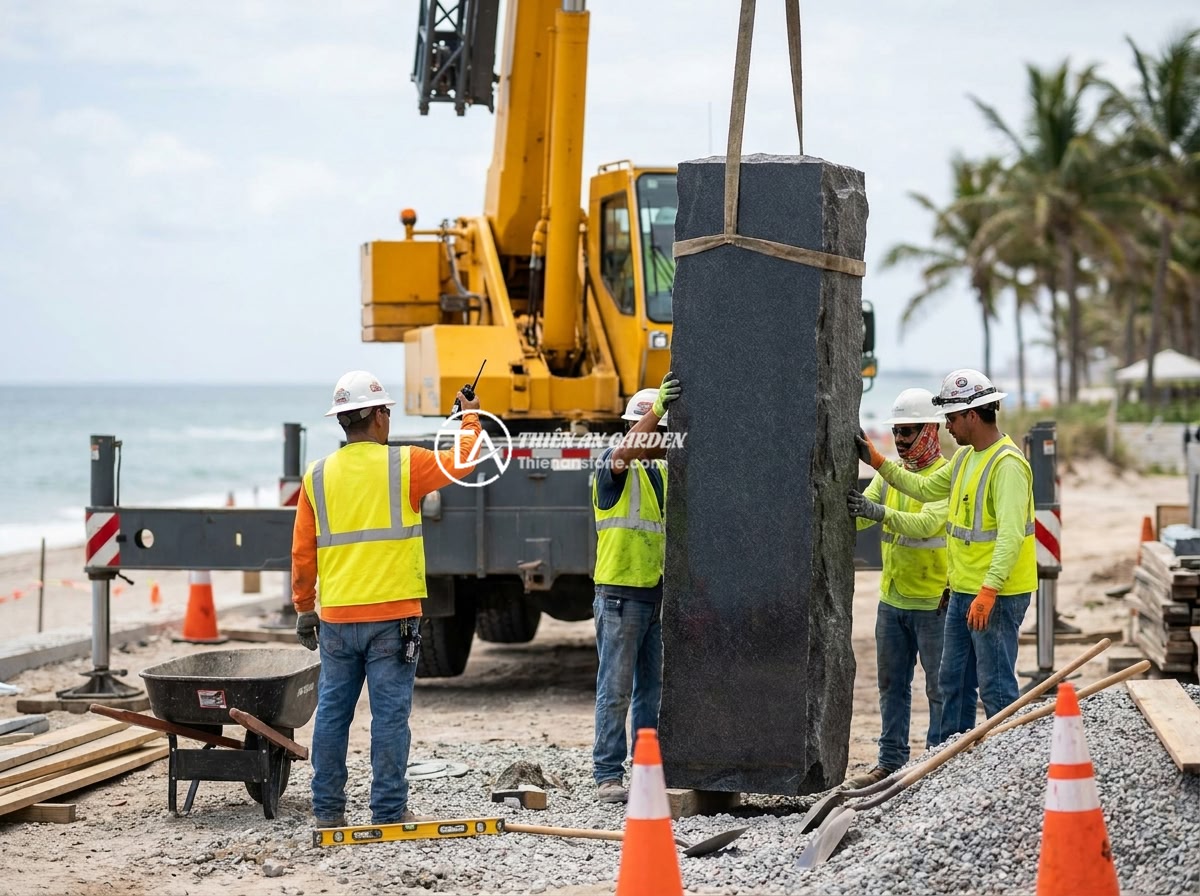 Trụ Đá Hàng Rào Cho Khu Nghỉ Dưỡng Và Sân Vườn Resort - Professional construction team installing massive natural stone fence pillars at