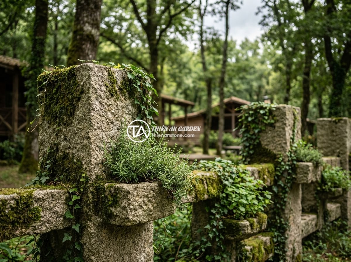 Trụ Đá Hàng Rào Cho Khu Nghỉ Dưỡng Và Sân Vườn Resort - Eco-friendly resort with natural stone fence pillars covered in moss and climbin