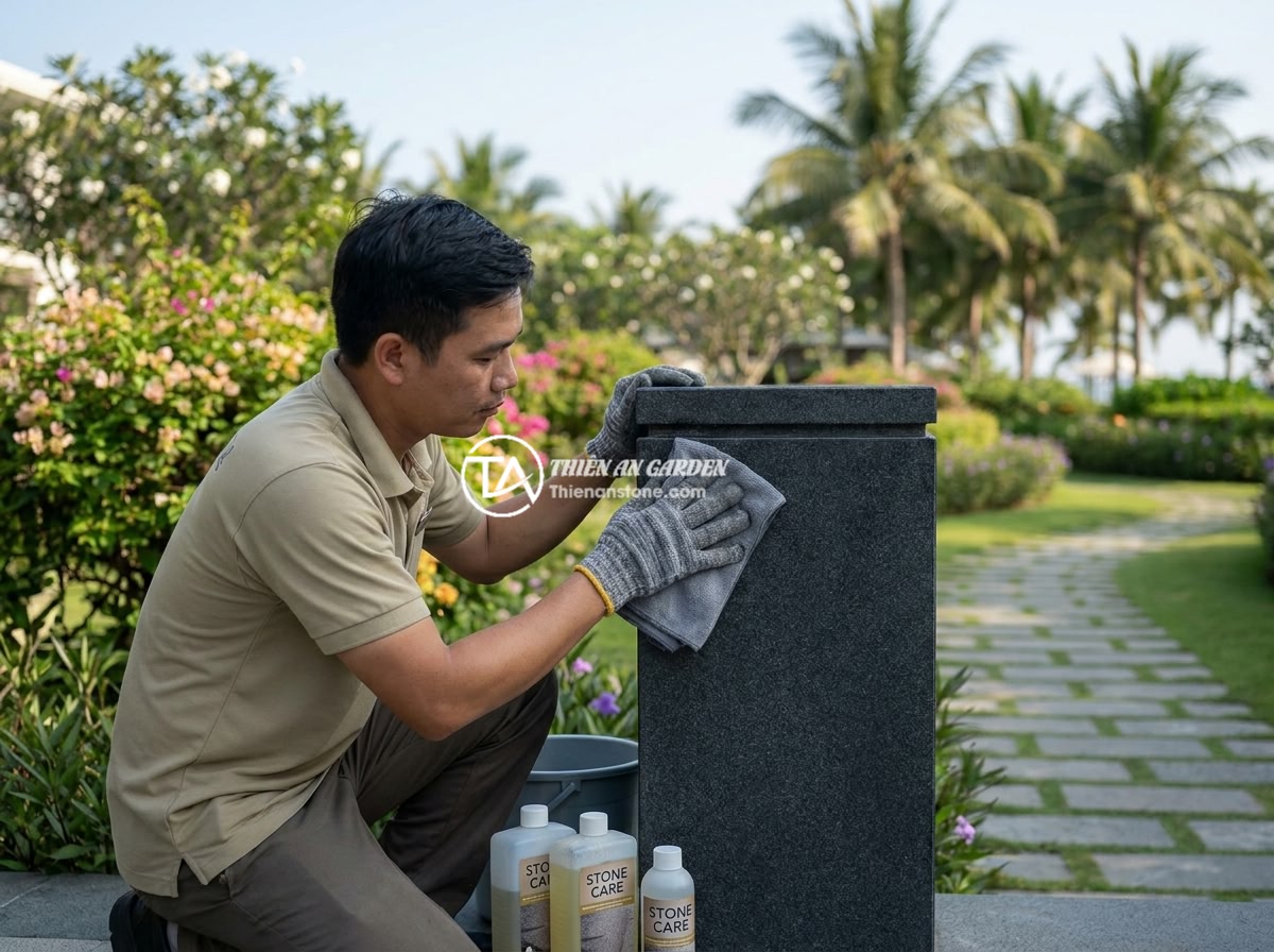 Trụ Đá Hàng Rào Cho Khu Nghỉ Dưỡng Và Sân Vườn Resort - Resort maintenance worker carefully cleaning and polishing a natural stone fence