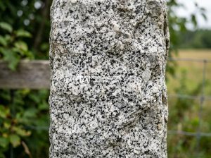 Trụ đá hàng rào đá granite trắng muối tiêu - Close-up view of white salt and pepper granite fence post showing detailed miner