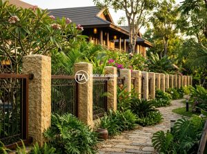Trụ đá hàng rào đá granite vàng suối lau - Panoramic view of a luxury Vietnamese villa fence line with golden yellow Suoi L