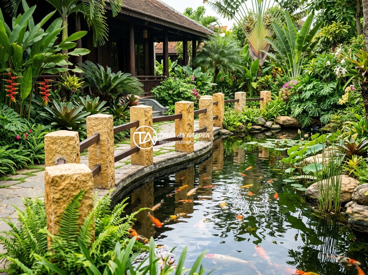 Trụ đá hàng rào đá granite vàng suối lau