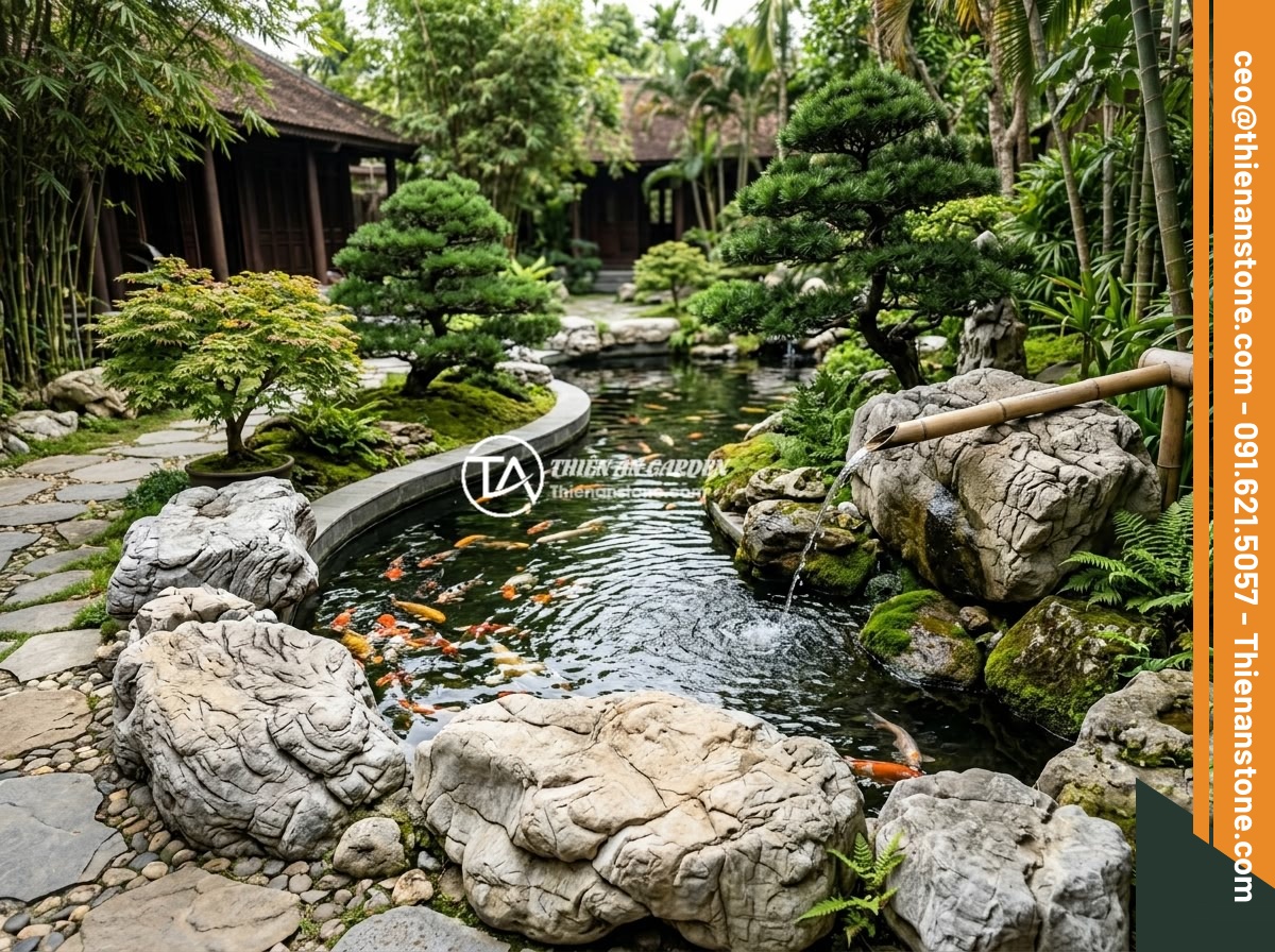 Xu Hướng Aquascape 2026: Đá Da Voi Vẫn Giữ Vị Trí Hàng Đầu Trong Layout Tự Nhiên? - Luxurious Japanese-style garden at a Vietnamese resort featuring large elephant 