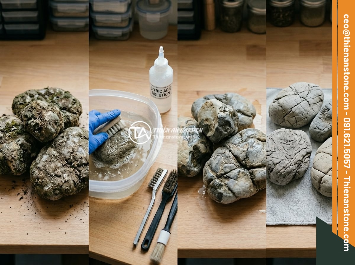 Xu Hướng Aquascape 2026: Đá Da Voi Vẫn Giữ Vị Trí Hàng Đầu Trong Layout Tự Nhiên? - Clean workspace showing the step-by-step cleaning process of elephant skin stone