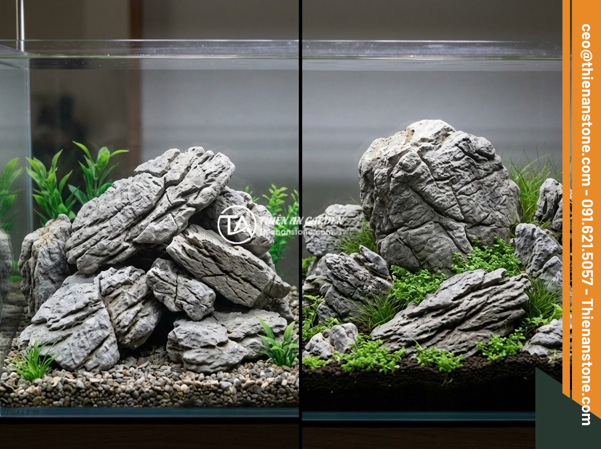 Xu Hướng Aquascape 2026: Đá Da Voi Vẫn Giữ Vị Trí Hàng Đầu Trong Layout Tự Nhiên? - Split image showing common aquascaping mistakes with elephant skin stone on the 