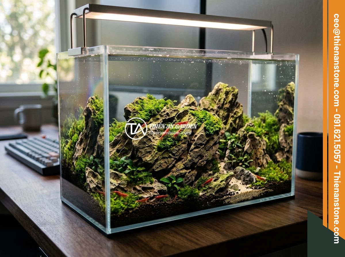 Xu Hướng Aquascape 2026: Đá Da Voi Vẫn Giữ Vị Trí Hàng Đầu Trong Layout Tự Nhiên? - Nano aquascape tank on a modern office desk featuring miniature elephant skin st