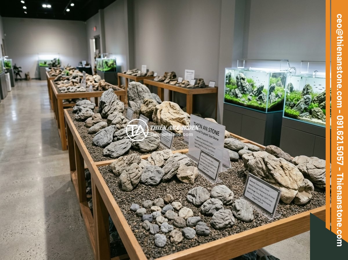Xu Hướng Aquascape 2026: Đá Da Voi Vẫn Giữ Vị Trí Hàng Đầu Trong Layout Tự Nhiên? - Professional showroom display of Thien An Stone company featuring various types 