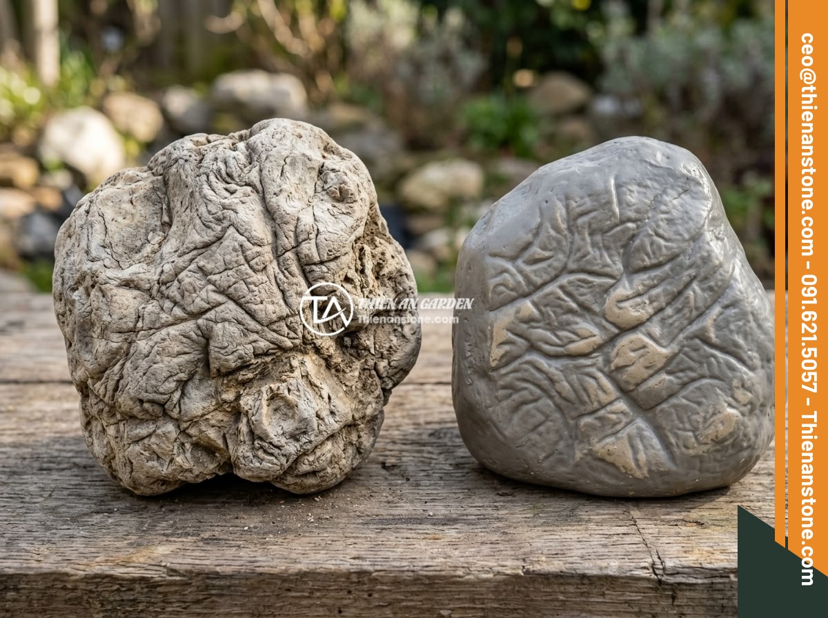 Xu Hướng Aquascape 2026: Đá Da Voi Vẫn Giữ Vị Trí Hàng Đầu Trong Layout Tự Nhiên? - Comparison photo showing authentic elephant skin stone versus fake stone side by