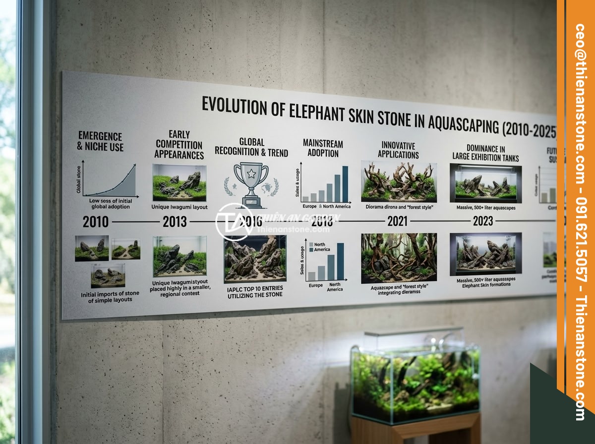 Xu Hướng Aquascape 2026: Đá Da Voi Vẫn Giữ Vị Trí Hàng Đầu Trong Layout Tự Nhiên? - Timeline infographic showing the evolution of elephant skin stone usage in aquas