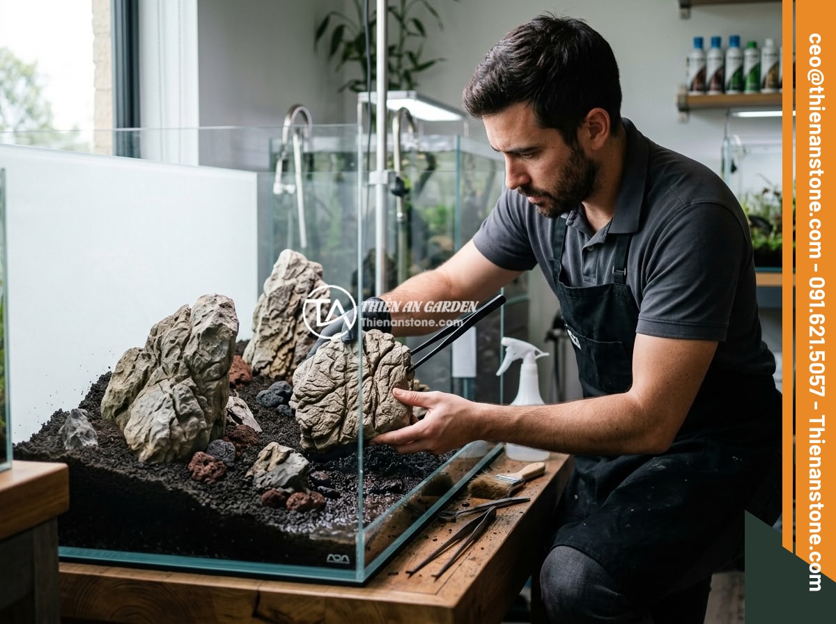 Xu Hướng Aquascape 2026: Đá Da Voi Vẫn Giữ Vị Trí Hàng Đầu Trong Layout Tự Nhiên? - Professional aquascaper carefully placing elephant skin stones in a large Nature