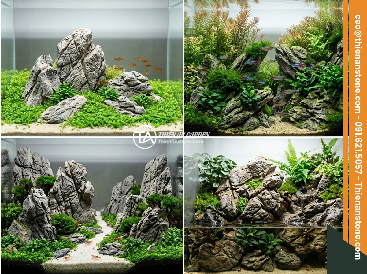 Xu Hướng Aquascape 2026: Đá Da Voi Vẫn Giữ Vị Trí Hàng Đầu Trong Layout Tự Nhiên? - Four-panel collage showing elephant skin stone used in different aquascaping sty