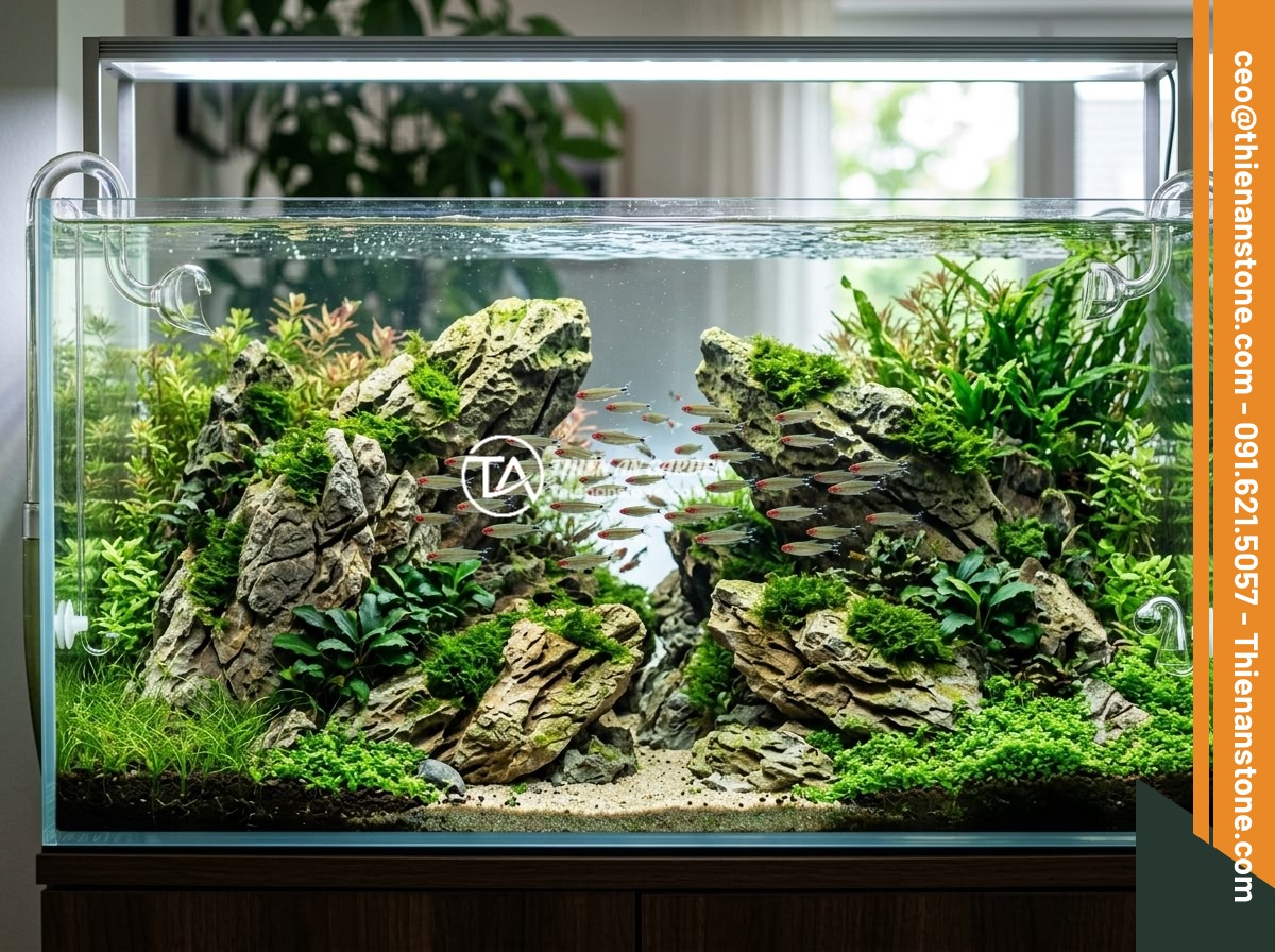 Xu Hướng Aquascape 2026: Đá Da Voi Vẫn Giữ Vị Trí Hàng Đầu Trong Layout Tự Nhiên? - Stunning completed Nature Aquarium featuring elephant skin stone as main hardsca
