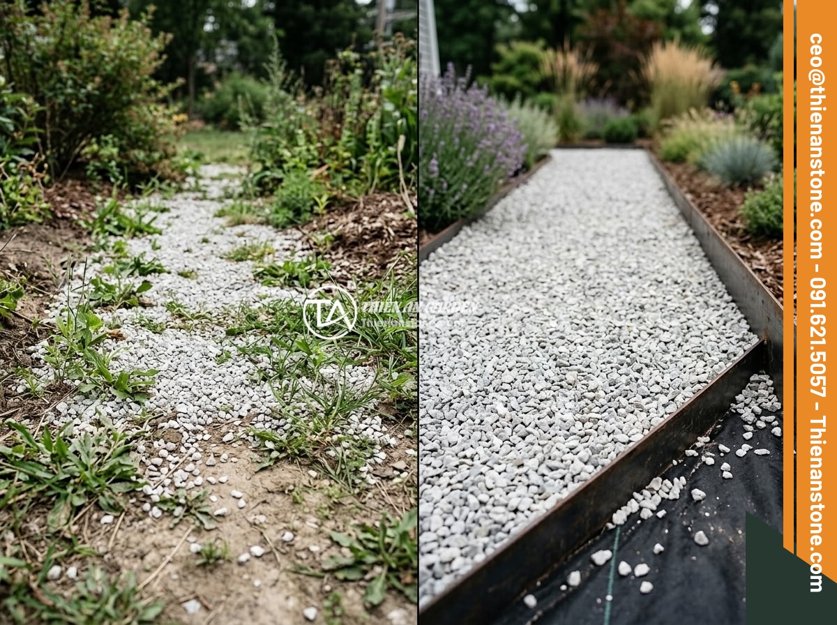 Xu Hướng Sử Dụng Đá Thạch Anh Vụn Trong Thiết Kế Sân Vườn Biệt Thự 2026 - Common mistakes when installing crushed quartz in gardens, showing a split image