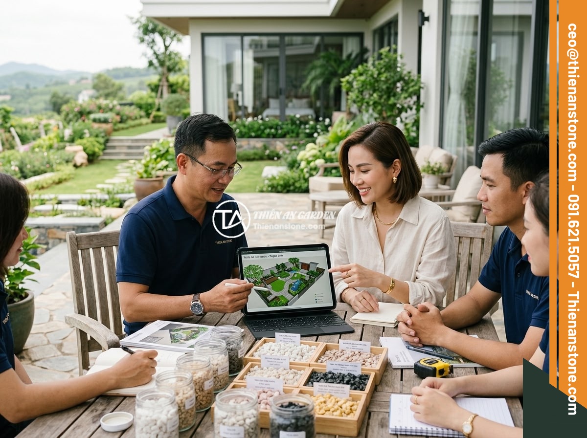 Xu Hướng Sử Dụng Đá Thạch Anh Vụn Trong Thiết Kế Sân Vườn Biệt Thự 2026 - A professional landscape design team from Thien An Stone consulting with a villa