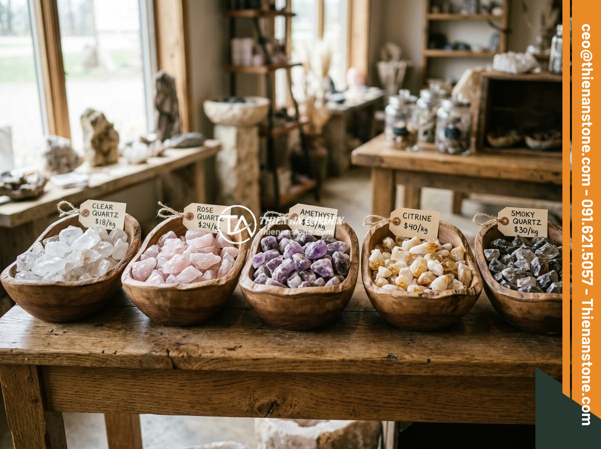 Xu Hướng Sử Dụng Đá Thạch Anh Vụn Trong Thiết Kế Sân Vườn Biệt Thự 2026 - Various types of crushed quartz stones displayed in separate wooden bowls showin