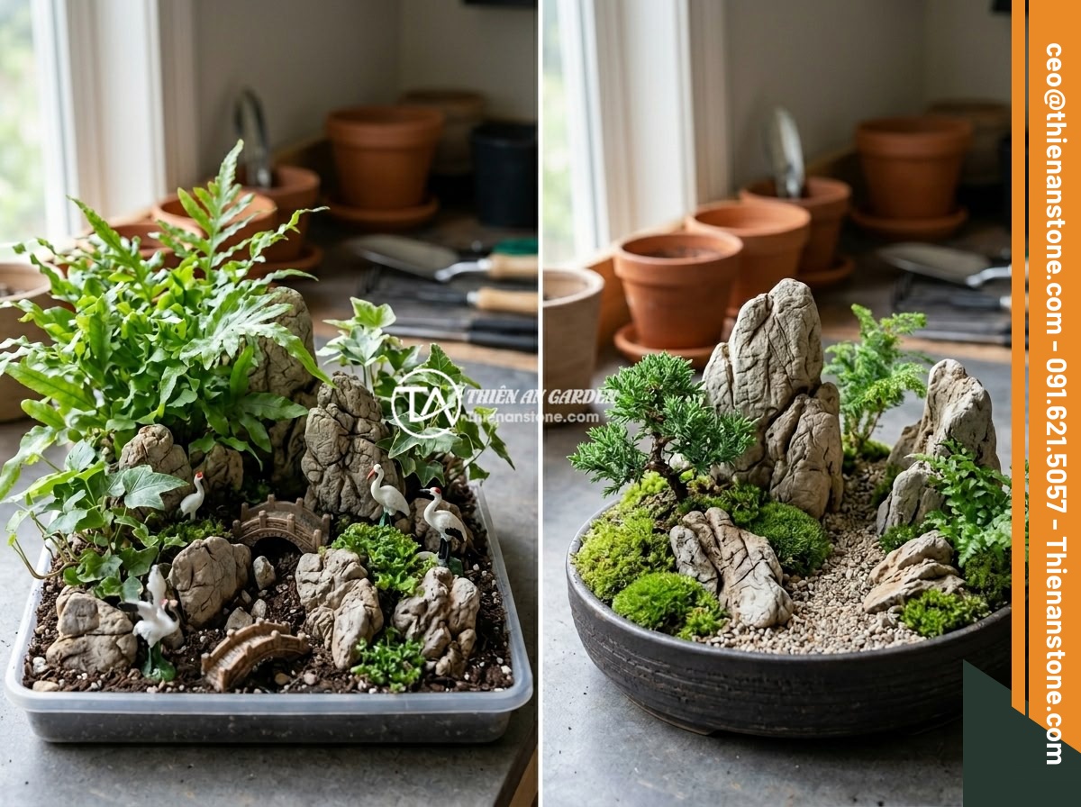 Ý Tưởng Tạo Hòn Non Bộ Đá Da Voi Mini Kết Hợp Cây Cảnh Cho Ban Công, Sân Vườn Nhỏ - Hình 11 Ý Tưởng Tạo Hòn Non Bộ Đá Da Voi Mini Kết Hợp Cây Cảnh Cho Ban Công, Sân Vườn Nhỏ - Before and after comparison of a miniature elephant skin stone landscape, showin