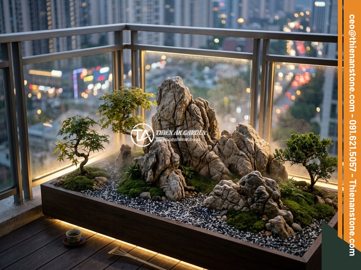 Ý Tưởng Tạo Hòn Non Bộ Đá Da Voi Mini Kết Hợp Cây Cảnh Cho Ban Công, Sân Vườn Nhỏ - Hình 12 Ý Tưởng Tạo Hòn Non Bộ Đá Da Voi Mini Kết Hợp Cây Cảnh Cho Ban Công, Sân Vườn Nhỏ - A modern apartment balcony transformed into a serene zen garden with an elegant