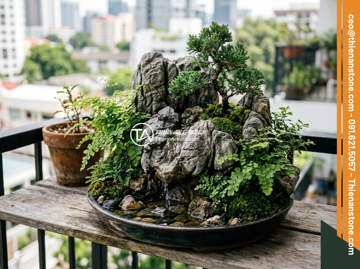 Ý Tưởng Tạo Hòn Non Bộ Đá Da Voi Mini Kết Hợp Cây Cảnh Cho Ban Công, Sân Vườn Nhỏ - Hình 2 Ý Tưởng Tạo Hòn Non Bộ Đá Da Voi Mini Kết Hợp Cây Cảnh Cho Ban Công, Sân Vườn Nhỏ - A miniature elephant skin stone water feature bonsai arrangement on an apartment