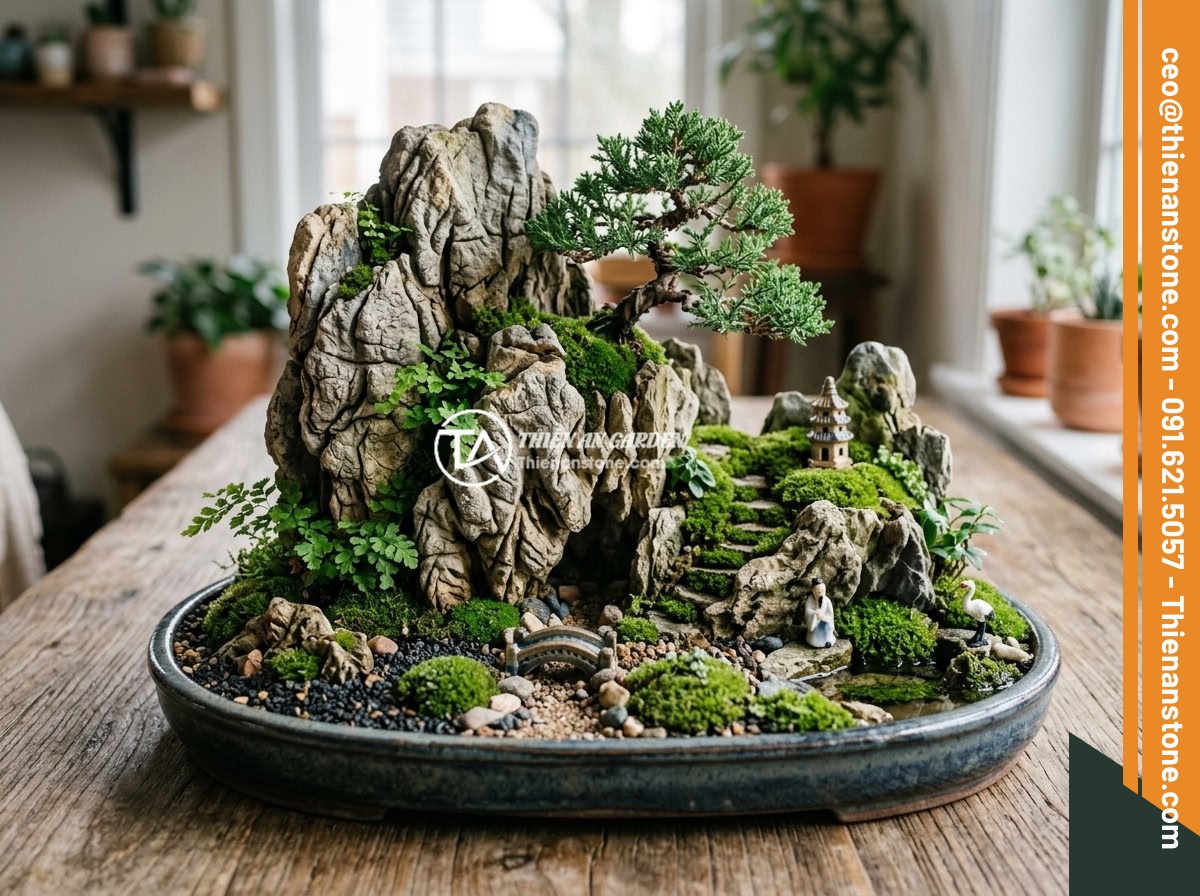 Ý Tưởng Tạo Hòn Non Bộ Đá Da Voi Mini Kết Hợp Cây Cảnh Cho Ban Công, Sân Vườn Nhỏ - Hình 4 Ý Tưởng Tạo Hòn Non Bộ Đá Da Voi Mini Kết Hợp Cây Cảnh Cho Ban Công, Sân Vườn Nhỏ - A beautifully arranged miniature elephant skin stone landscape (hon non bo) with
