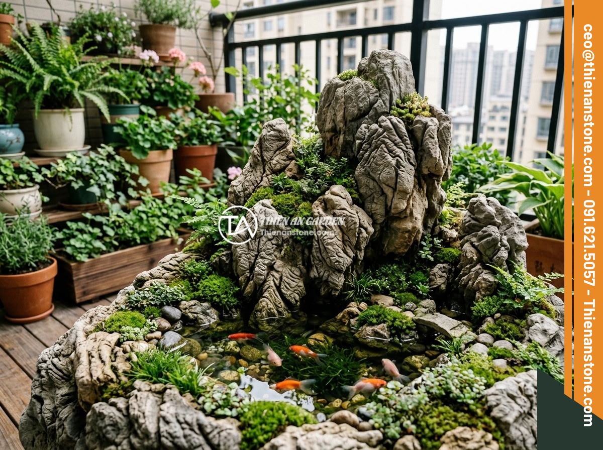 Ý Tưởng Tạo Hòn Non Bộ Đá Da Voi Mini Kết Hợp Cây Cảnh Cho Ban Công, Sân Vườn Nhỏ - Hình 6 Ý Tưởng Tạo Hòn Non Bộ Đá Da Voi Mini Kết Hợp Cây Cảnh Cho Ban Công, Sân Vườn Nhỏ - A mini elephant skin stone mountain landscape integrated with a small fish pond