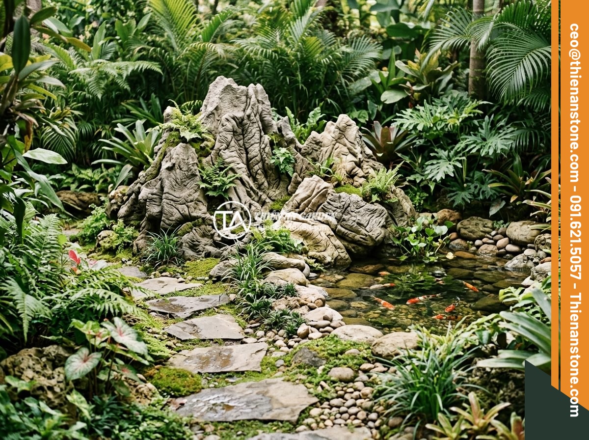 Ý Tưởng Tạo Hòn Non Bộ Đá Da Voi Mini Kết Hợp Cây Cảnh Cho Ban Công, Sân Vườn Nhỏ - Hình 7 Ý Tưởng Tạo Hòn Non Bộ Đá Da Voi Mini Kết Hợp Cây Cảnh Cho Ban Công, Sân Vườn Nhỏ - A small garden corner featuring an elephant skin stone miniature mountain landsc