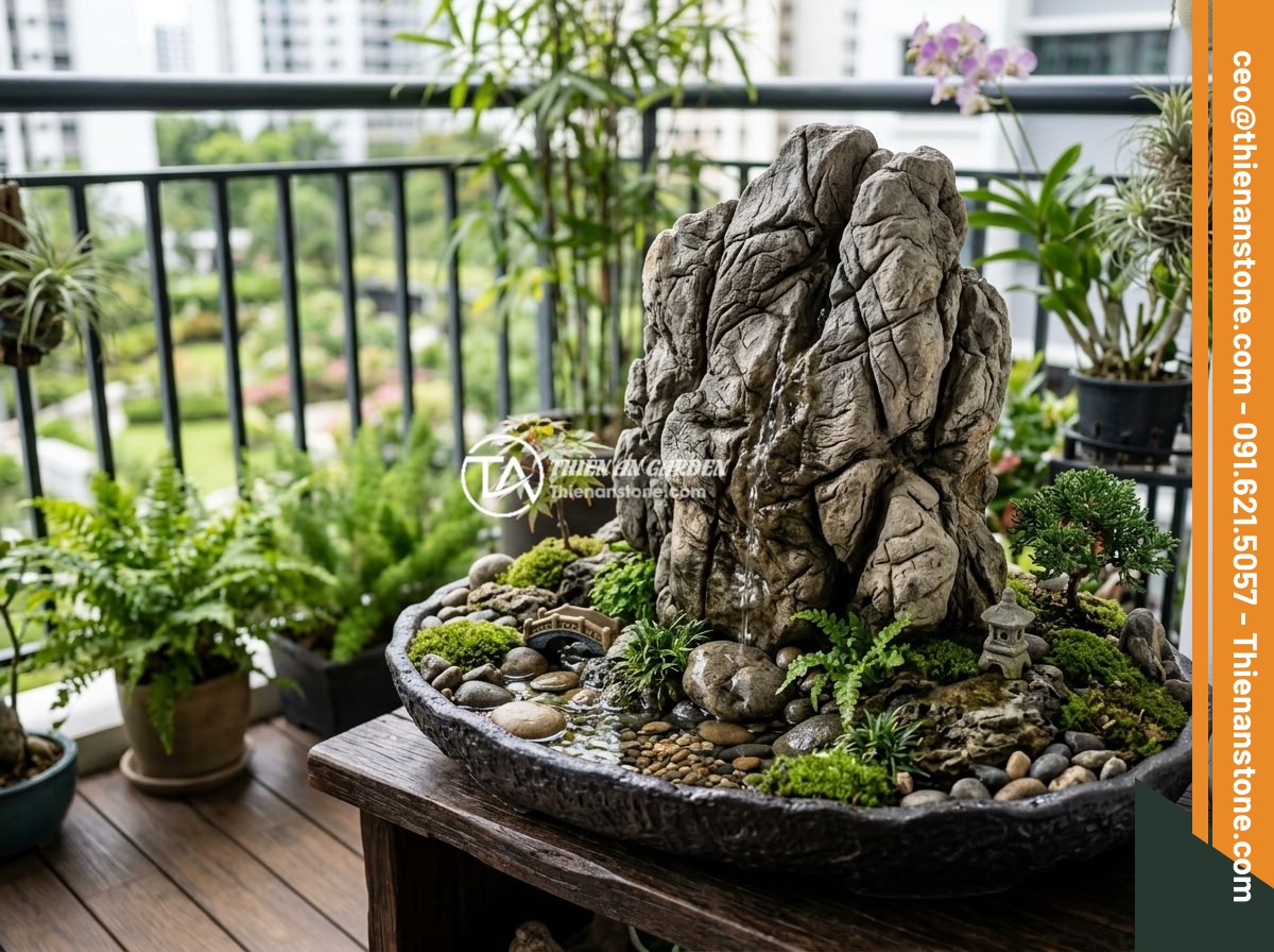 Ý Tưởng Tạo Hòn Non Bộ Đá Da Voi Mini Kết Hợp Cây Cảnh Cho Ban Công, Sân Vườn Nhỏ - Hình 9 Ý Tưởng Tạo Hòn Non Bộ Đá Da Voi Mini Kết Hợp Cây Cảnh Cho Ban Công, Sân Vườn Nhỏ - A feng shui styled miniature elephant skin stone mountain landscape placed at a