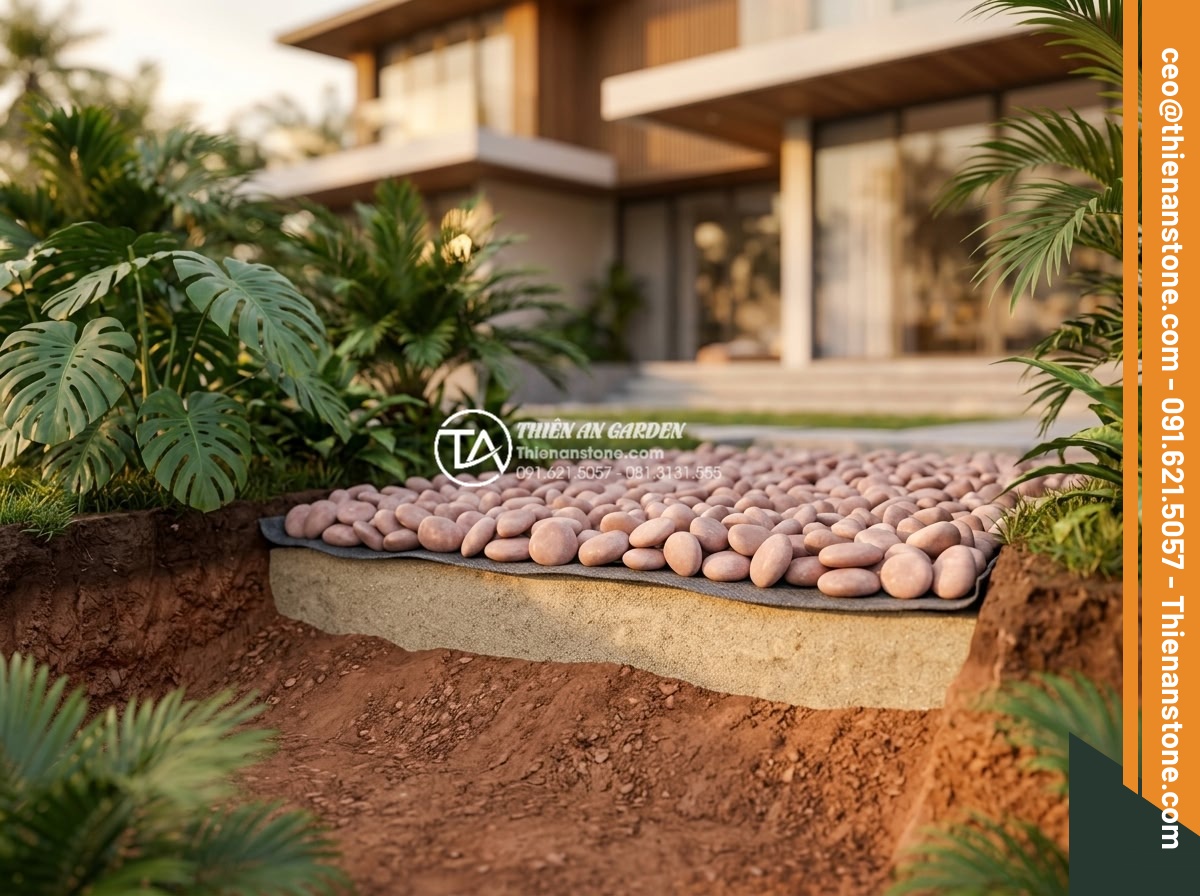 5 Lỗi Thường Gặp Khi Tự Rải Sỏi Sân Vườn Tại Nhà - Professional cross-section diagram of a perfectly layered gravel garden base in 