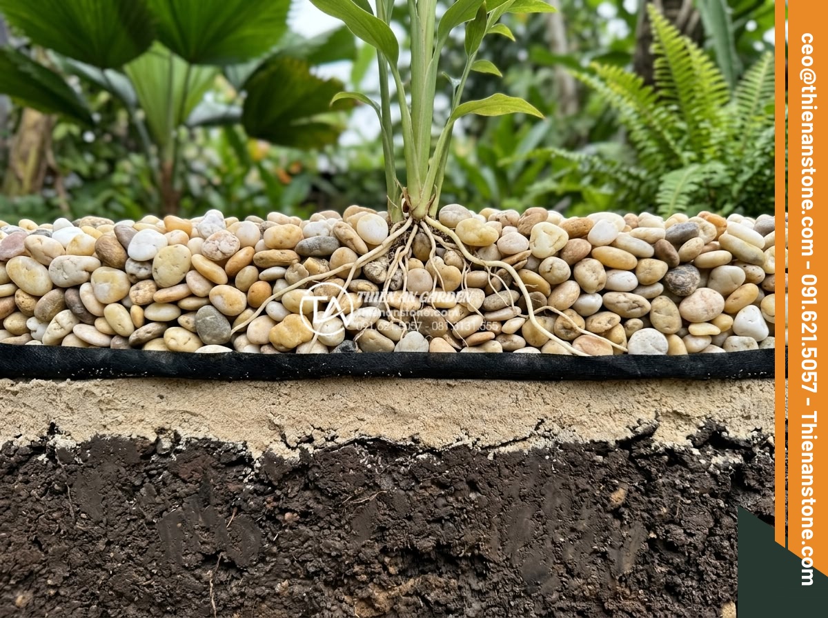 5 Lỗi Thường Gặp Khi Tự Rải Sỏi Sân Vườn Tại Nhà - Cross section close-up of correct layered system: bottom compacted soil, sand ba