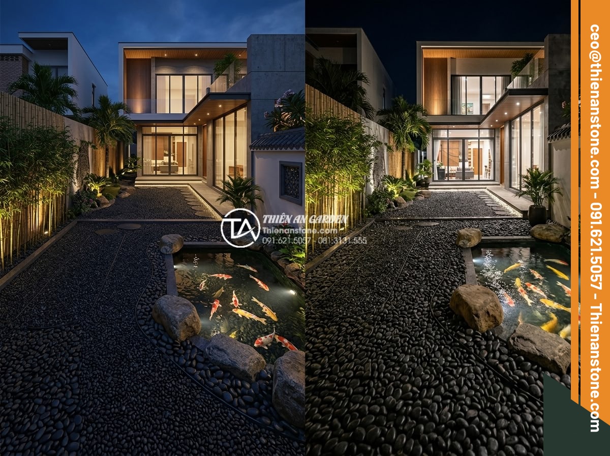 5 Lỗi Thường Gặp Khi Tự Rải Sỏi Sân Vườn Tại Nhà - 3D rendering and real photo comparison of a luxury gravel courtyard designed and