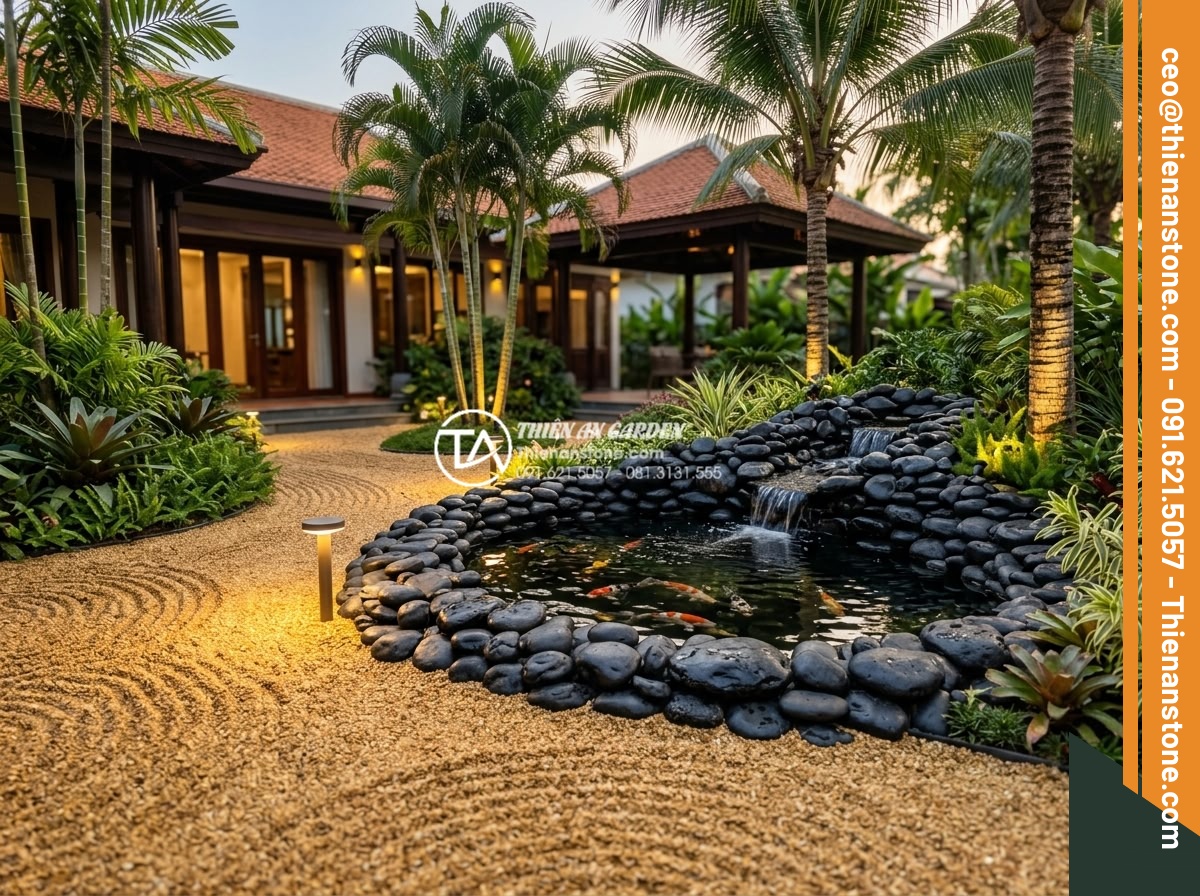 Ảnh Hưởng Của Độ Dày Lớp Sỏi Đến Khả Năng Thoát Nước Sân Vườn - Hình 10 Ảnh Hưởng Của Độ Dày Lớp Sỏi Đến Khả Năng Thoát Nước Sân Vườn - Elegant finished garden scene at luxury Vietnamese villa featuring beautifully r