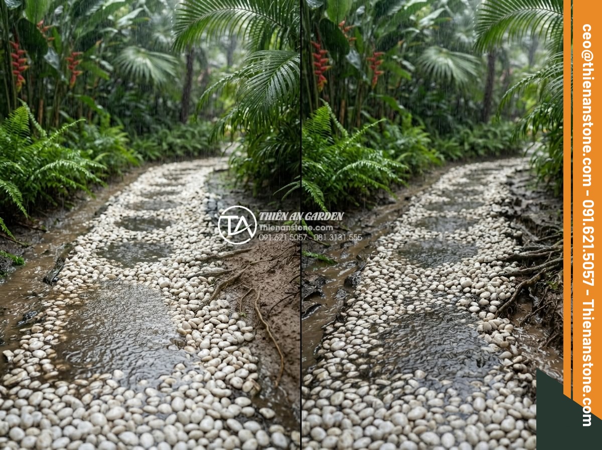 Ảnh Hưởng Của Độ Dày Lớp Sỏi Đến Khả Năng Thoát Nước Sân Vườn - Hình 4 Ảnh Hưởng Của Độ Dày Lớp Sỏi Đến Khả Năng Thoát Nước Sân Vườn - Before-and-after comparison photo of a garden path with only 7cm thin gravel lay