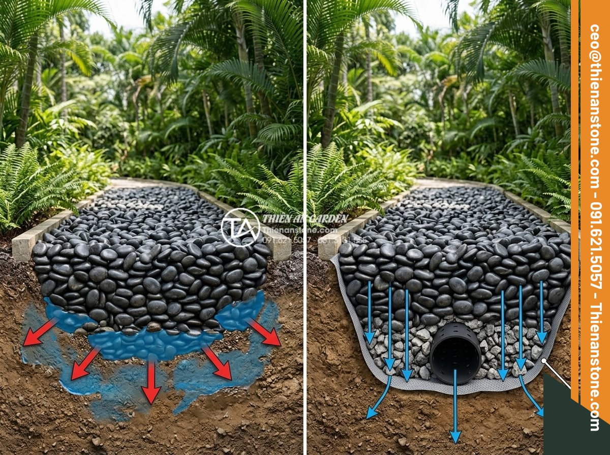 Ảnh Hưởng Của Độ Dày Lớp Sỏi Đến Khả Năng Thoát Nước Sân Vườn - Hình 6 Ảnh Hưởng Của Độ Dày Lớp Sỏi Đến Khả Năng Thoát Nước Sân Vườn - Side-by-side technical comparison image showing a 30cm thick gravel layer in a r
