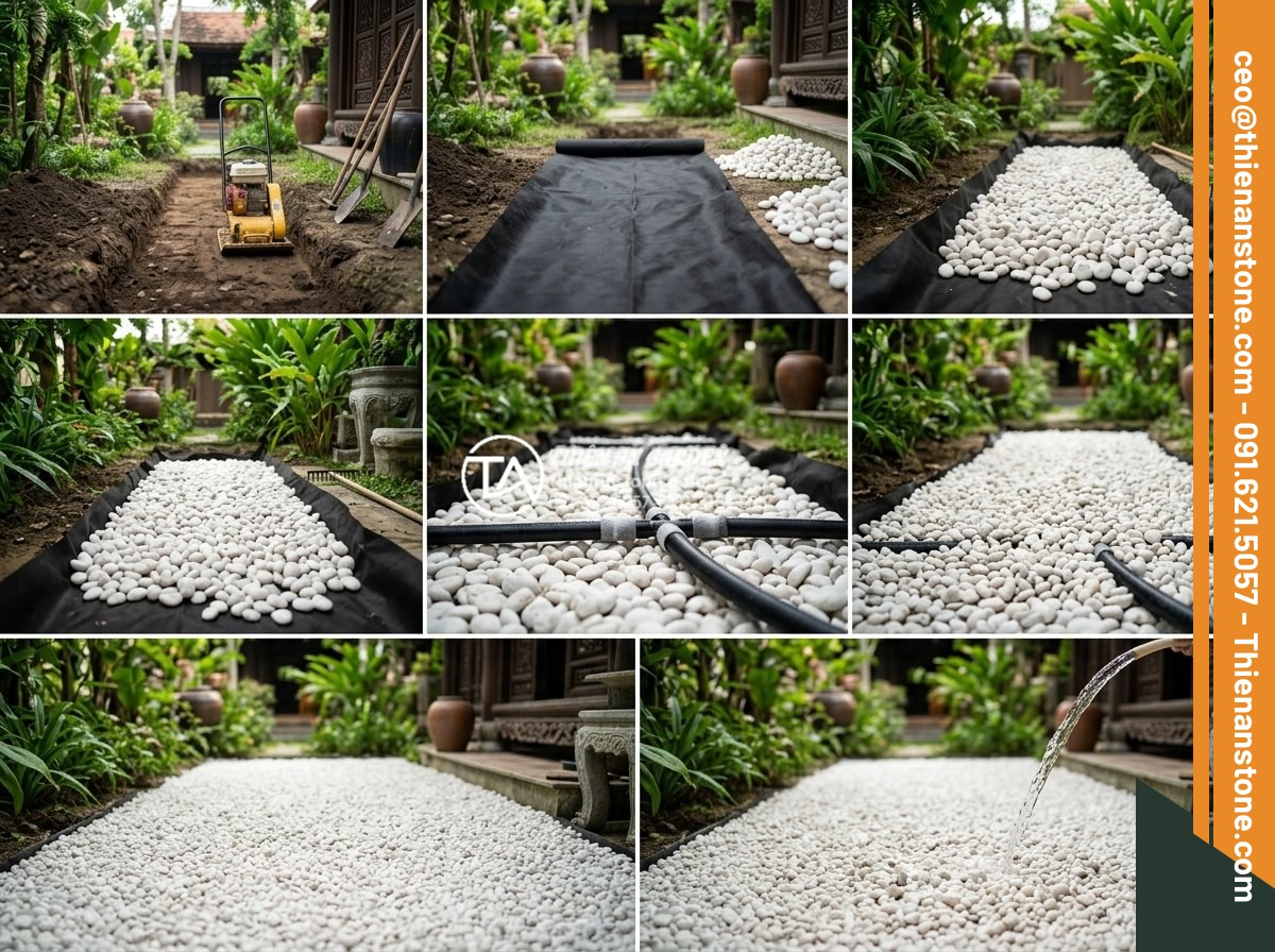 Ảnh Hưởng Của Độ Dày Lớp Sỏi Đến Khả Năng Thoát Nước Sân Vườn - Hình 9 Ảnh Hưởng Của Độ Dày Lớp Sỏi Đến Khả Năng Thoát Nước Sân Vườn - Step-by-step construction sequence photo collage of professional gravel installa
