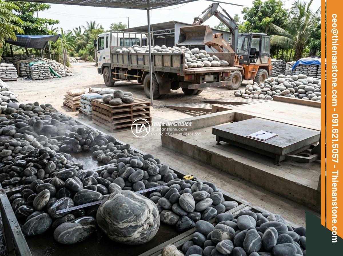 Bảng Giá Đá Làm Hòn Non Bộ 2026: Cập Nhật Giá Tại Xưởng Ninh Bình - Step-by-step process illustration of buying stones at the workshop with workers 