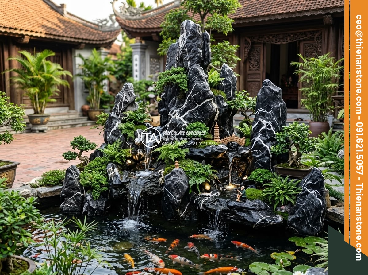 Bảng Giá Đá Làm Hòn Non Bộ 2026: Cập Nhật Giá Tại Xưởng Ninh Bình - Realistic completed design of stone hon non bo with plants, water flow and light