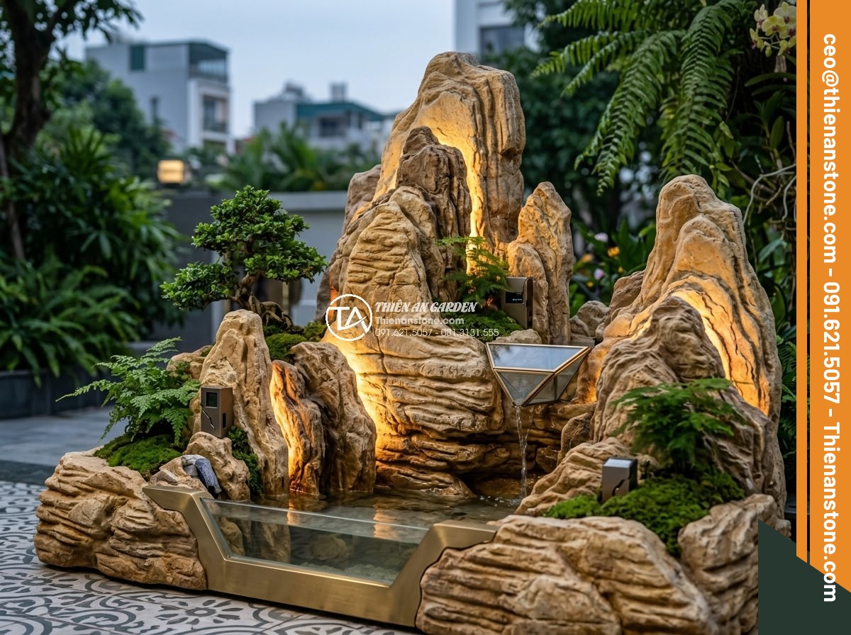 Bảng Giá Đá Làm Hòn Non Bộ 2026: Cập Nhật Giá Tại Xưởng Ninh Bình - Futuristic hon non bo with smart lighting and integrated tech elements using nat