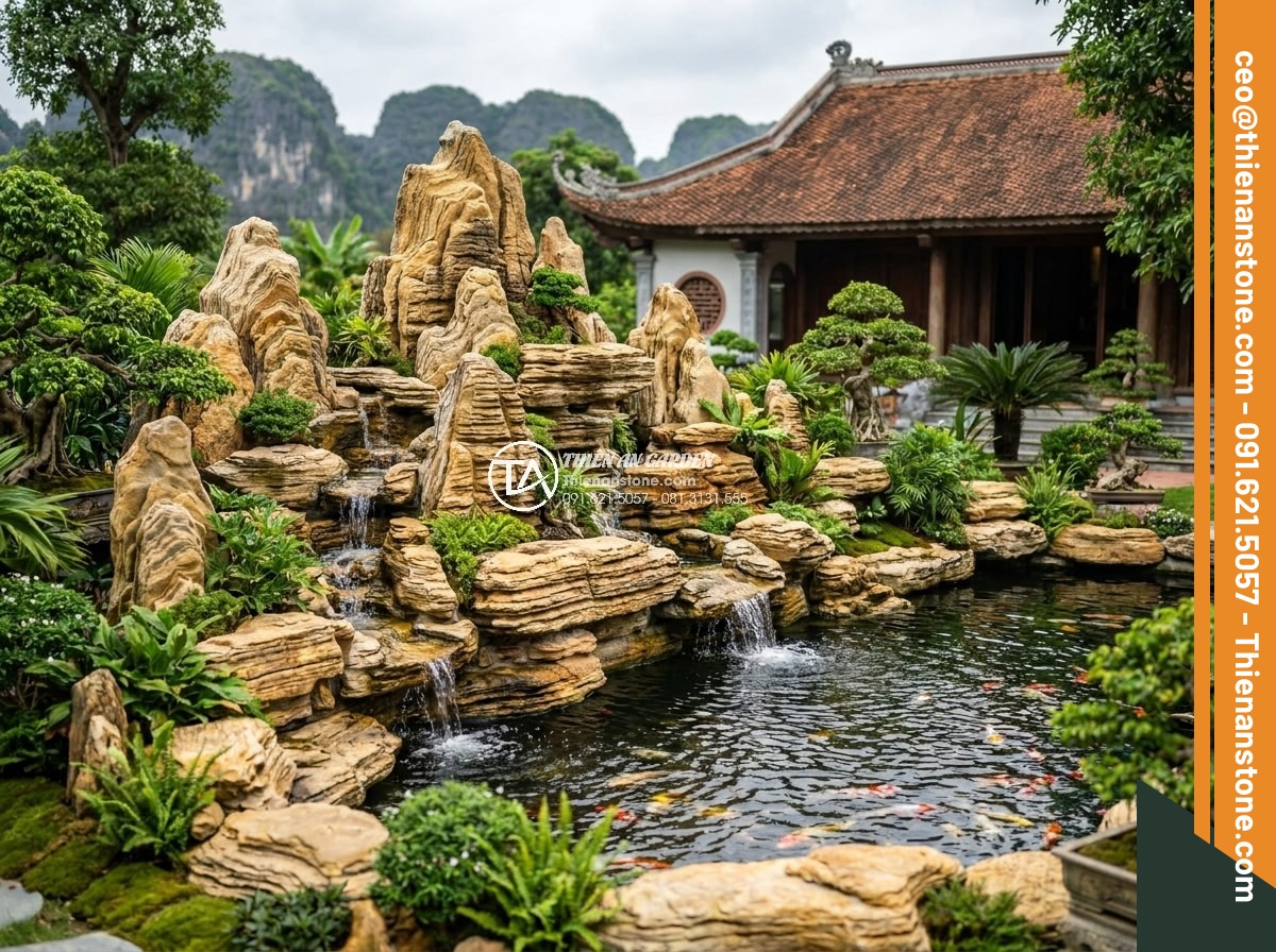 Bảng Giá Đá Làm Hòn Non Bộ 2026: Cập Nhật Giá Tại Xưởng Ninh Bình - Wide angle shot of a complete hon non bo installation using various natural ston