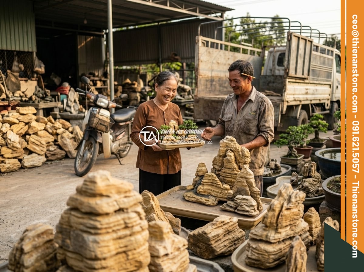 Bảng Giá Đá Làm Hòn Non Bộ 2026: Cập Nhật Giá Tại Xưởng Ninh Bình - Happy customer receiving custom hon non bo stones at workshop with delivery truc