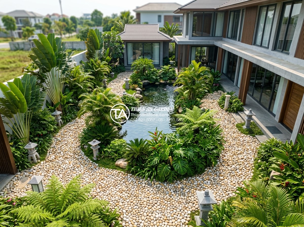 Báo Giá Sỏi Trang Trí Sân Vườn Mới Nhất - Sỉ Và Lẻ Tại Kho - Aerial view of a luxurious modern Vietnamese villa garden in 2026 featuring exte