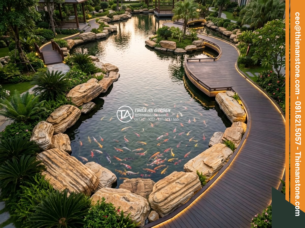 Bí Quyết Trang Trí Hồ Cá Koi Bằng Đá Đẹp Như Resort 5 Sao - Aerial view of a luxurious 5-star resort Koi pond at dusk, featuring large natur
