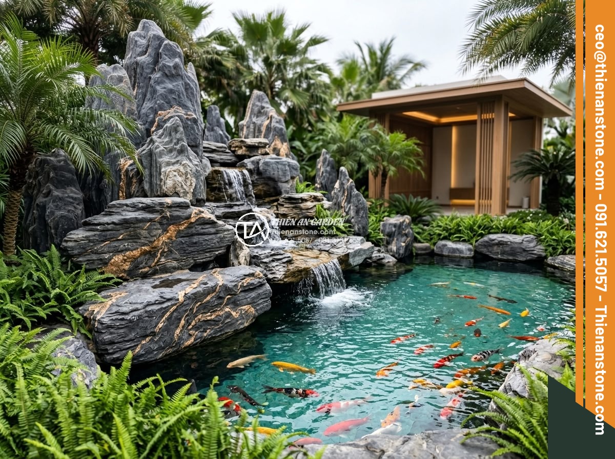 Bí Quyết Trang Trí Hồ Cá Koi Bằng Đá Đẹp Như Resort 5 Sao - Hình 3 Bí Quyết Trang Trí Hồ Cá Koi Bằng Đá Đẹp Như Resort 5 Sao - Wide angle view of an elegant 5-star resort Koi pond featuring massive arranged