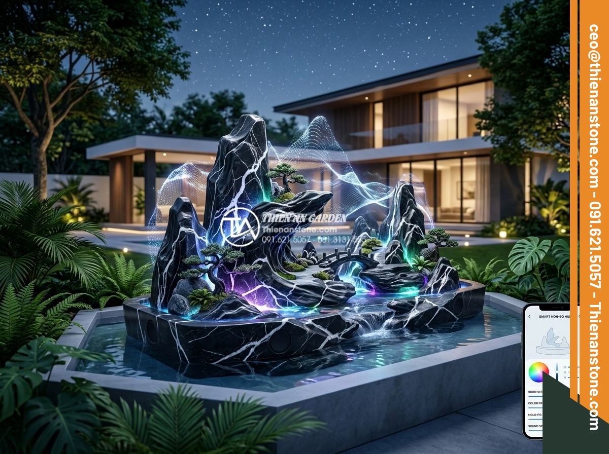Bố Trí Đèn Led Chiếu Sáng Cho Hòn Non Bộ Đá Ban Đêm - Hình 10 Bố Trí Đèn Led Chiếu Sáng Cho Hòn Non Bộ Đá Ban Đêm - Futuristic concept rendering of a modern stone non-bo at night in 2026 with adva