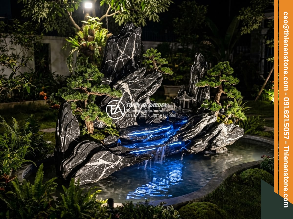 Bố Trí Đèn Led Chiếu Sáng Cho Hòn Non Bộ Đá Ban Đêm - Hình 4 Bố Trí Đèn Led Chiếu Sáng Cho Hòn Non Bộ Đá Ban Đêm - Artistic nighttime rendering of a stone non-bo with perfectly layered LED lighti