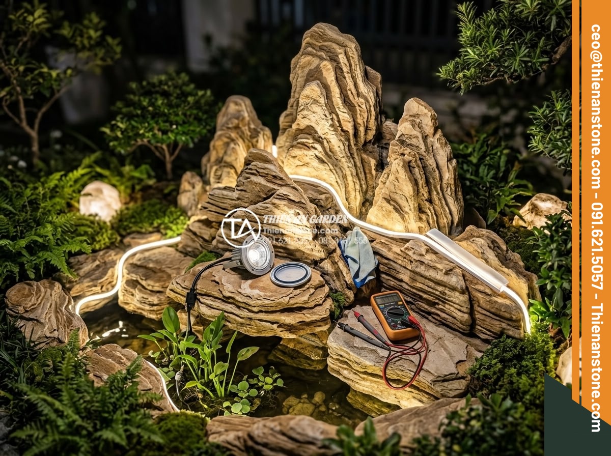 Bố Trí Đèn Led Chiếu Sáng Cho Hòn Non Bộ Đá Ban Đêm - Hình 8 Bố Trí Đèn Led Chiếu Sáng Cho Hòn Non Bộ Đá Ban Đêm - Maintenance technician in uniform carefully cleaning and inspecting LED spotligh