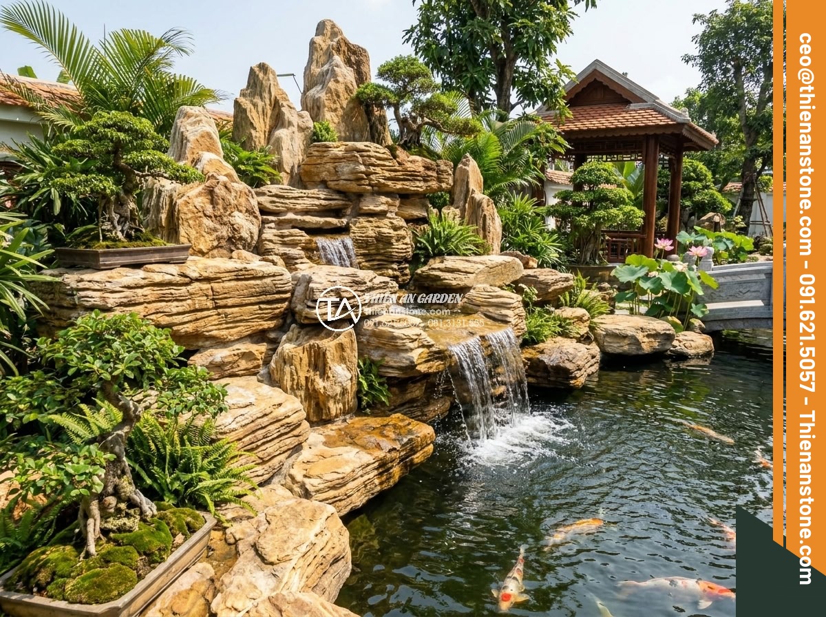 Cách Chọn Đá Cảnh Non Bộ Hợp Mệnh Kim, Mộc, Thủy, Hỏa, Thổ - Hình 1 Cách Chọn Đá Cảnh Non Bộ Hợp Mệnh Kim, Mộc, Thủy, Hỏa, Thổ - High-resolution photograph of a large-scale natural stone non-bo rockery in a Vi